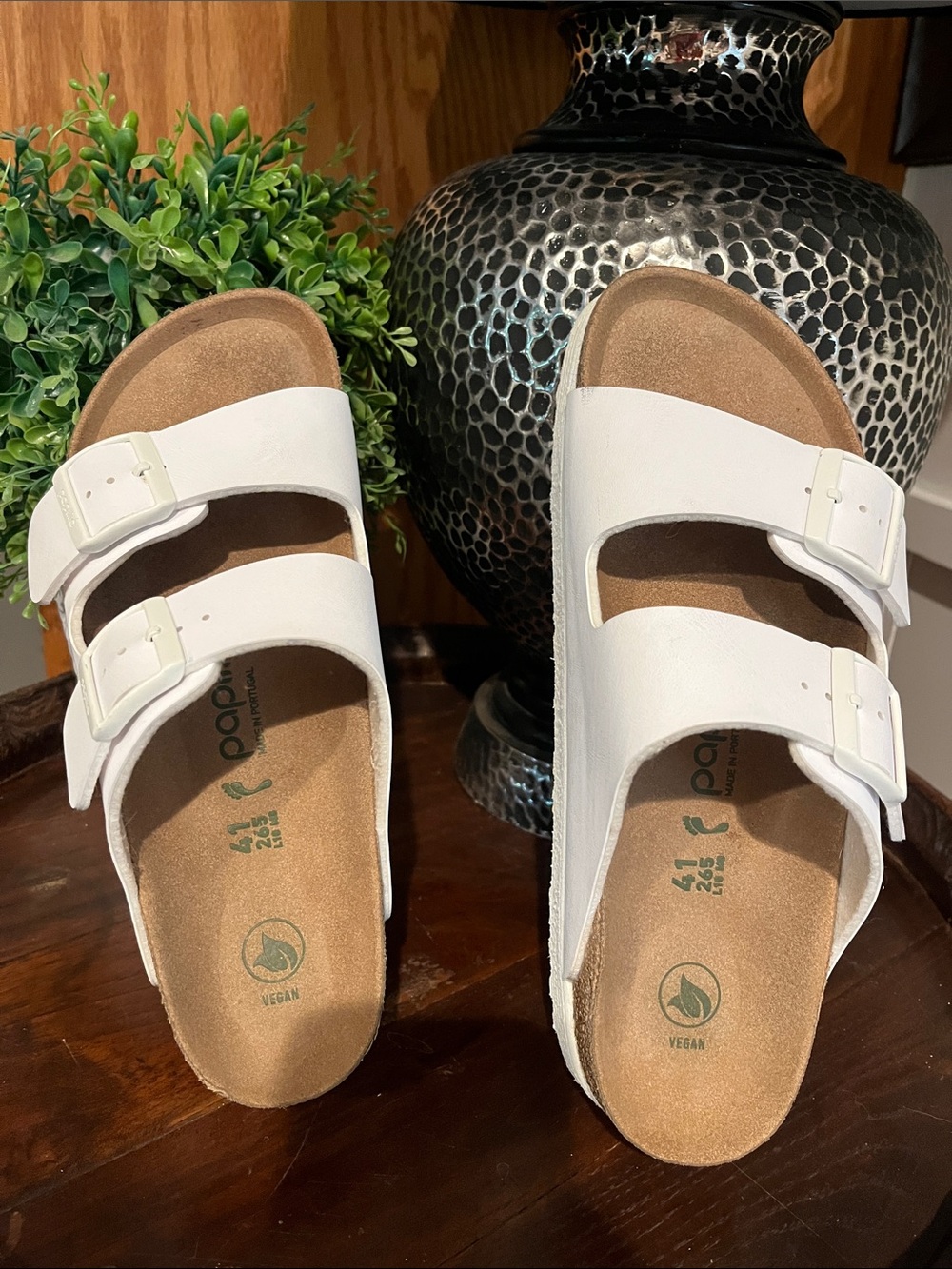 Papillio White Double-Buckle Vegan Cork Footbed Sandals
